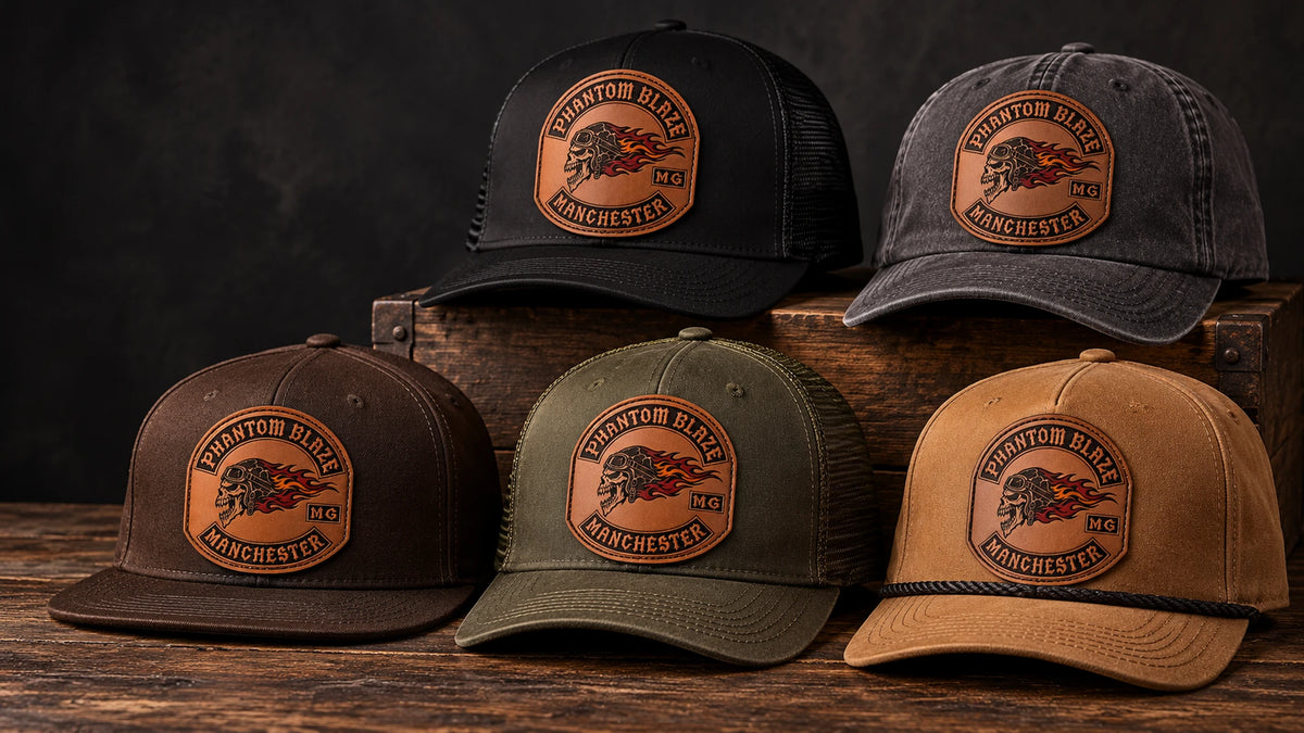 Custom motorcycle club leather patch hats in heritage colors with approved club artwork.
