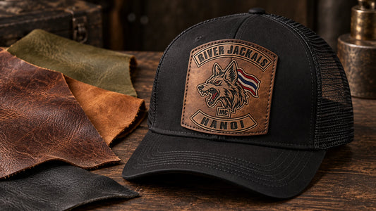 Faux leather motorcycle club hat with a clean consistent patch surface.