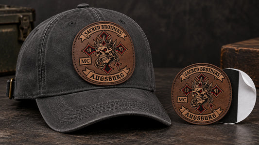 Heat-applied motorcycle club leather patch with a clean flush edge.