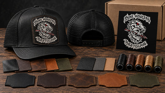Leather patch hat with material samples and motorcycle club design-support tools.