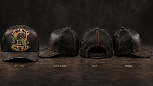 Motorcycle club leather patch hat shown from front, side and rear placement views.