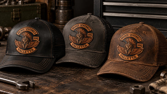 Three motorcycle club leather patch hats showing engraved leather texture and sewn edges.