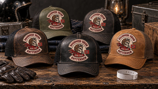 Leather patch hats arranged for motorcycle club members, events and merchandise.