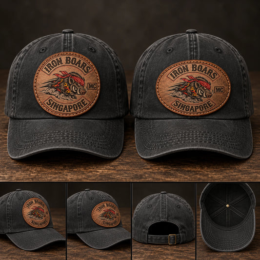 Round and oval motorcycle club leather patches on charcoal hats.