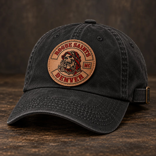 Vintage dad cap with a compact motorcycle club leather patch.