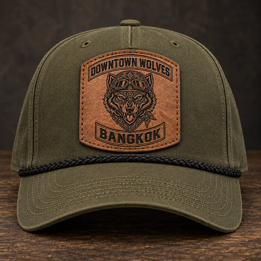 Vintage rope motorcycle club hat with a sewn natural leather patch.