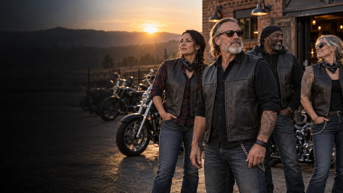 Mature motorcycle club riders wearing blank custom leather vests outside a brick clubhouse.