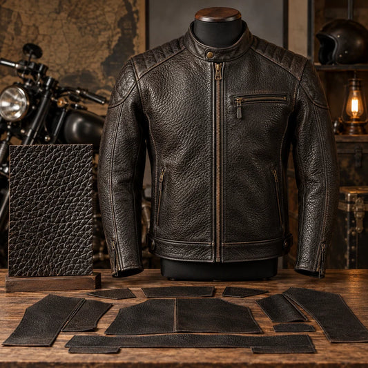 Buffalo Leather grain and finished motorcycle club leather jacket comparison.