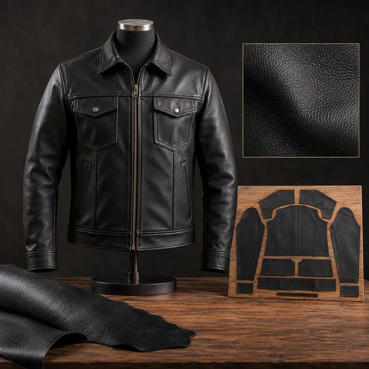 Cowhide grain and finished motorcycle club leather jacket comparison.
