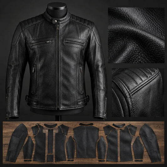Goatskin grain and finished motorcycle club leather jacket comparison.