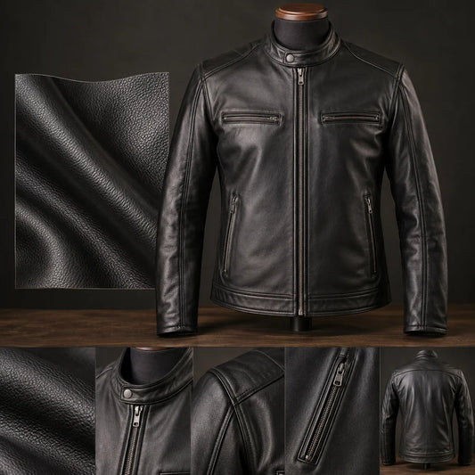 Lambskin grain and finished motorcycle club leather jacket comparison.