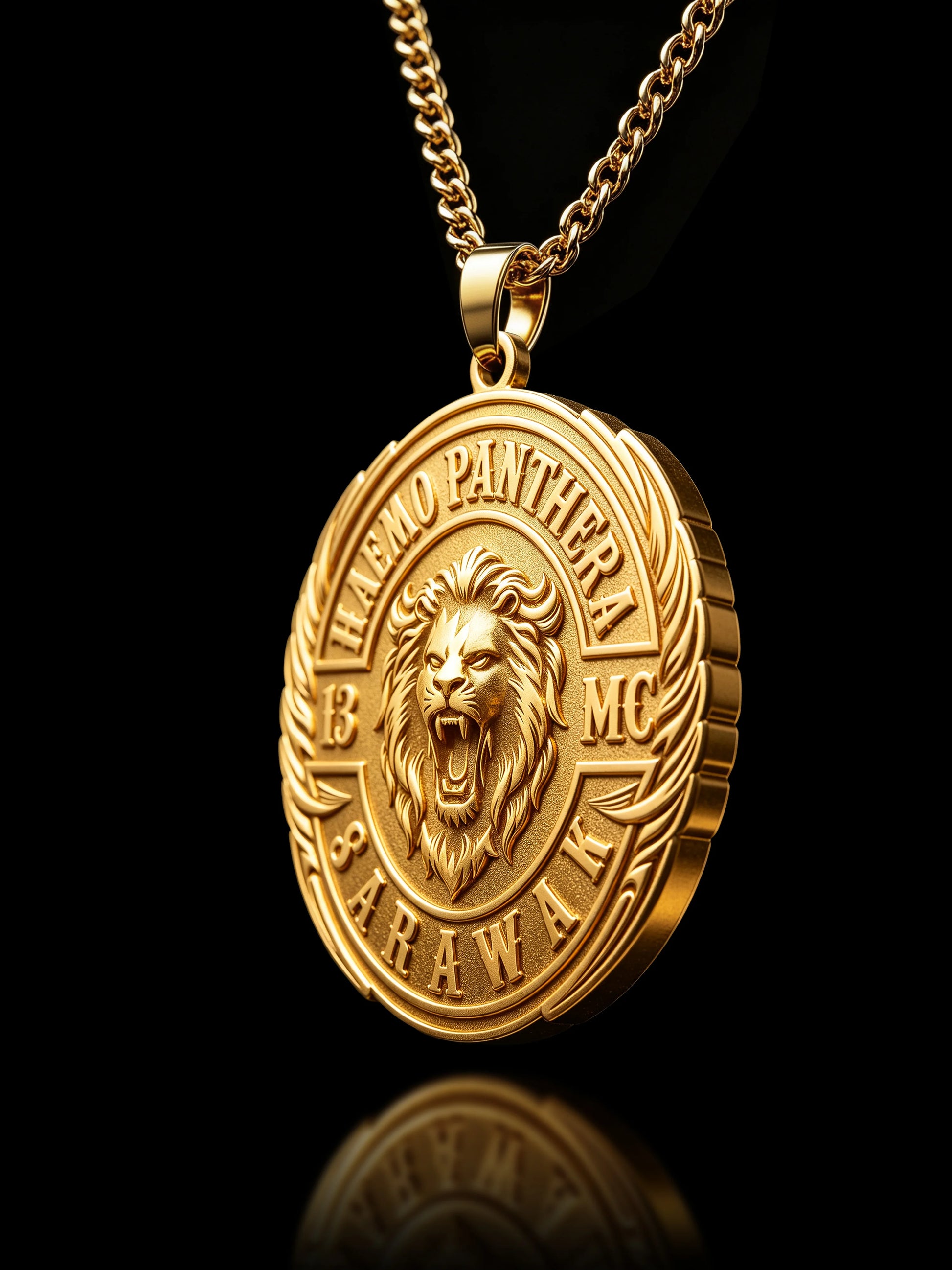 Custom lion motorcycle club pendant shown hanging from a curb-style chain