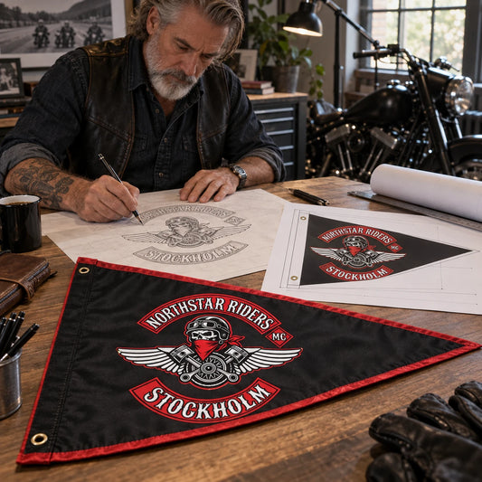 A designer prepares a custom triangle flag layout using the motorcycle club's approved logo.