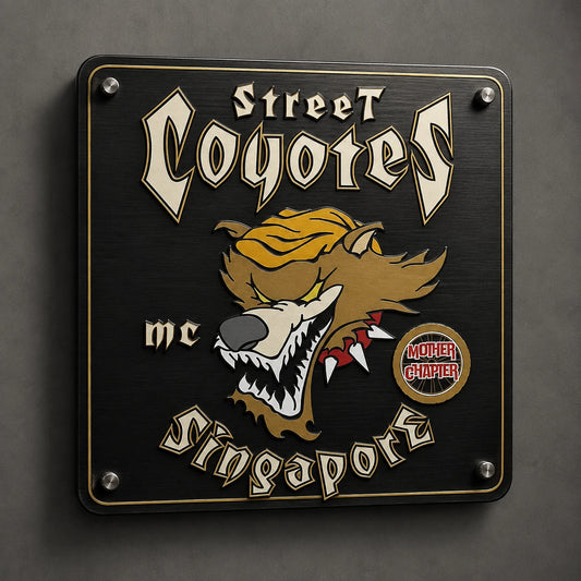 Custom motorcycle club metal sign built around an authorized club logo as the centerpiece.