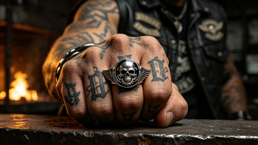 A macro product shot of a custom heavy solid back sterling silver biker ring with a 3D deep-sculpted club logo skull insignia, held in a tattooed hand, showcasing antique oxidation contrast and zero hollow backplate structure for motorcycle club presidents.