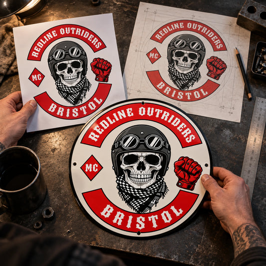 Designer preparing approved motorcycle club logo artwork for a custom tin sign.