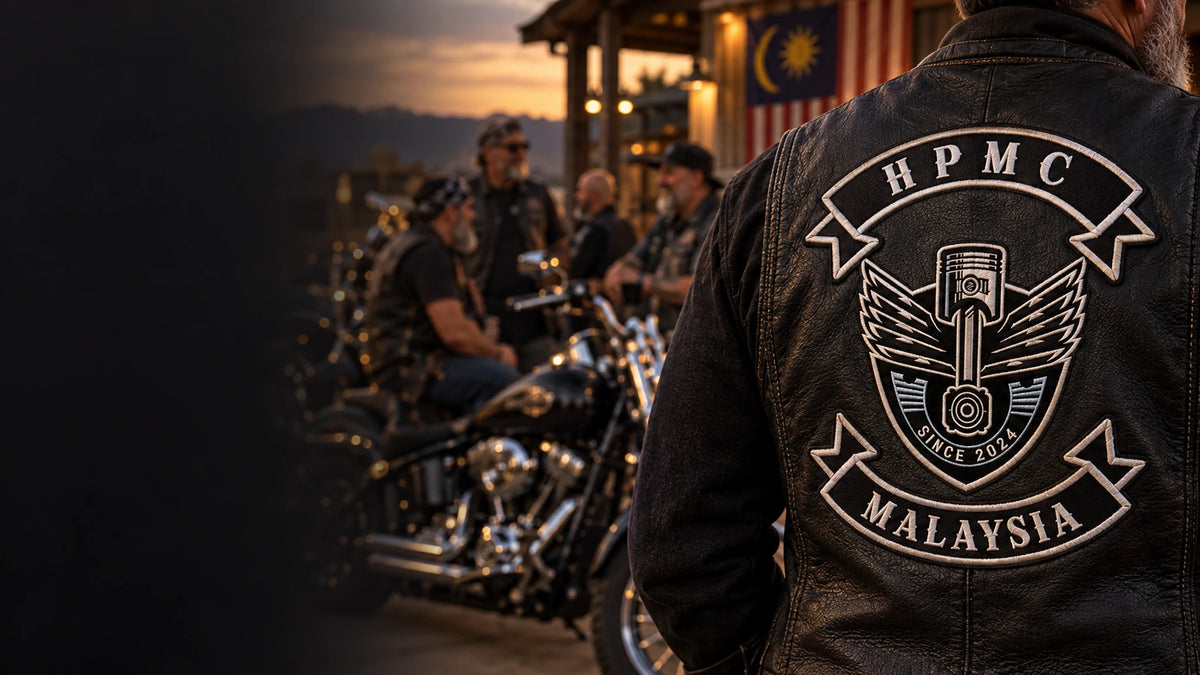 Custom motorcycle club memorial patch displayed on a black leather vest in a respectful clubhouse scene.