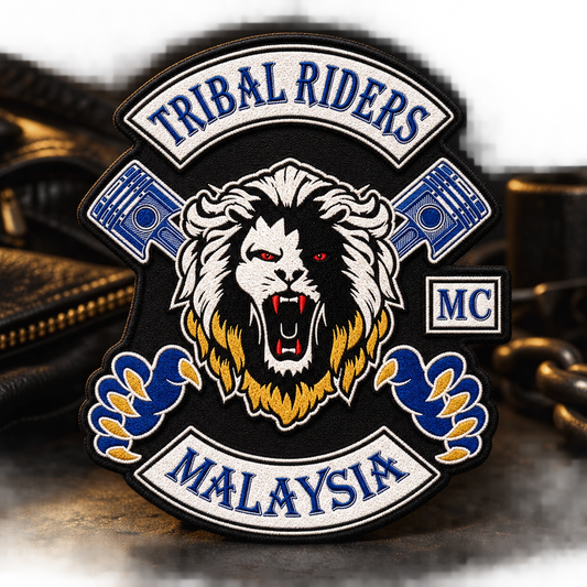 Solid memorial patch with restrained composition shown for a custom motorcycle club patch system in respectful dark studio.