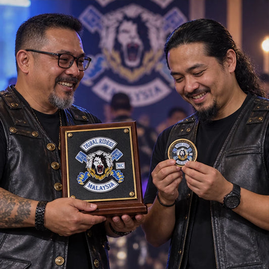 Custom club mugs, coins, plaques and clubhouse merchandise with an authorized motorcycle club logo created for a club anniversary
