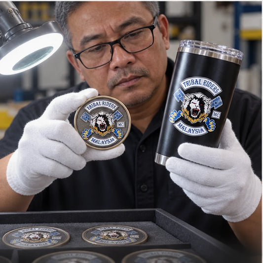 Custom club mugs, coins, plaques and clubhouse merchandise with an authorized motorcycle club logo shown during sample approval