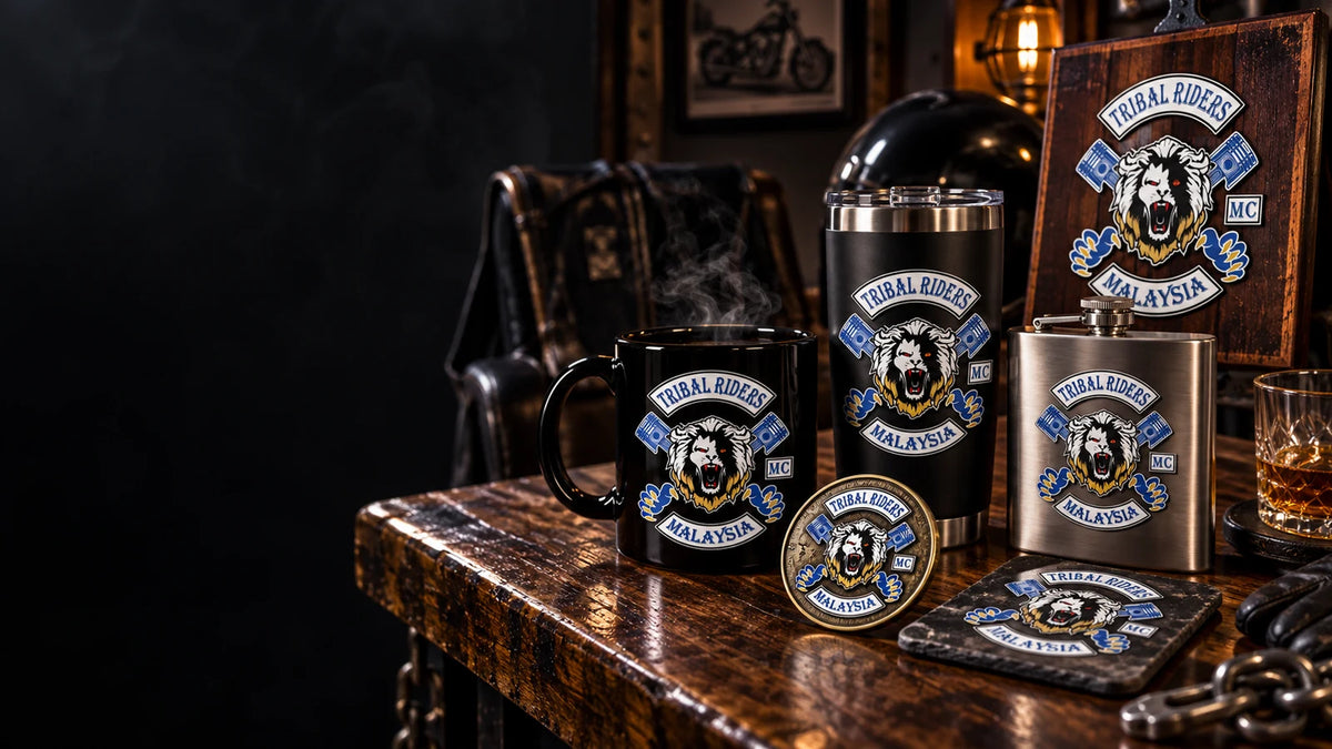 Custom club mugs, coins, plaques and clubhouse merchandise with an authorized motorcycle club logo displayed as a complete custom collection