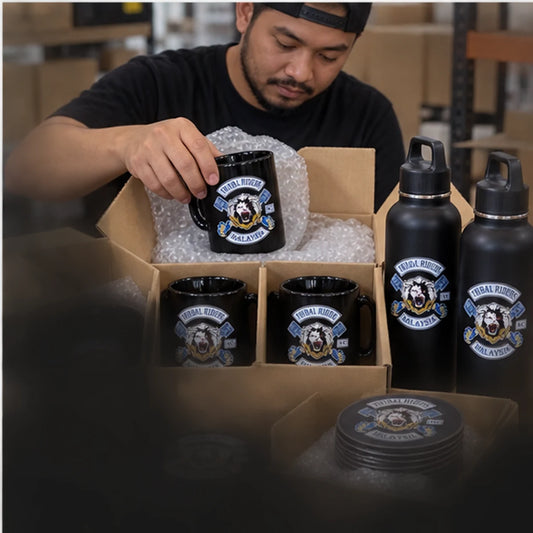 Custom club mugs, coins, plaques and clubhouse merchandise with an authorized motorcycle club logo finished and prepared for worldwide shipping