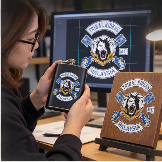 Custom club mugs, coins, plaques and clubhouse merchandise with an authorized motorcycle club logo shown during custom design review