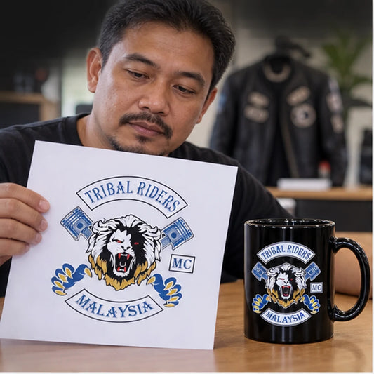 Custom club mugs, coins, plaques and clubhouse merchandise with an authorized motorcycle club logo shown while approved club artwork is submitted
