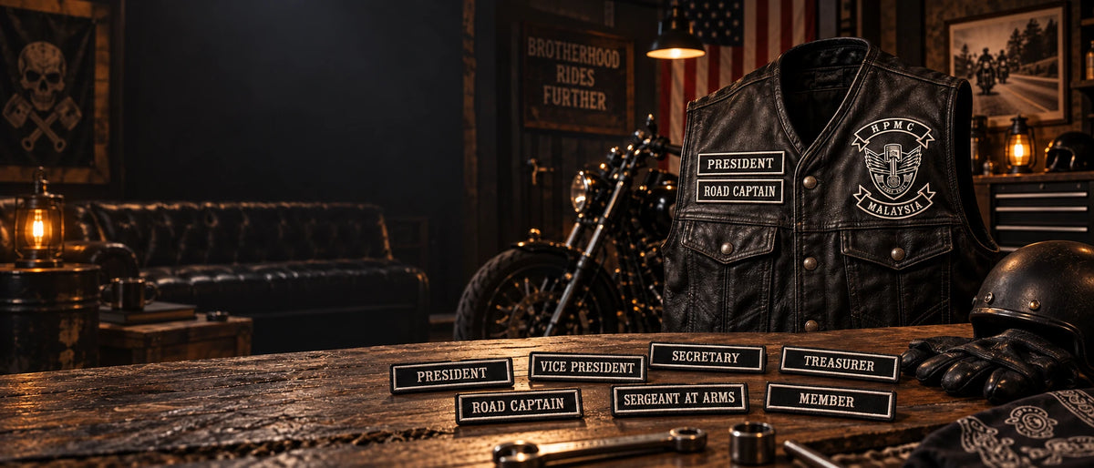 Complete custom motorcycle club officer and rank patch set displayed with an authorized club identity on a black leather vest.