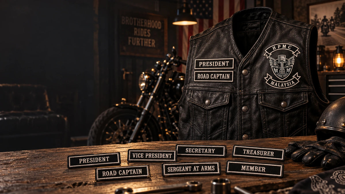 Custom motorcycle club officer and rank patches matched to an authorized club identity on a black leather vest.