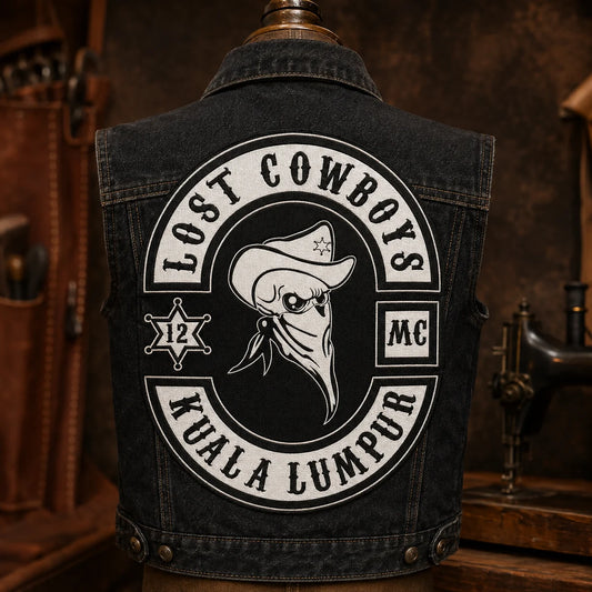 One-piece custom motorcycle club full-back patch on a denim vest.