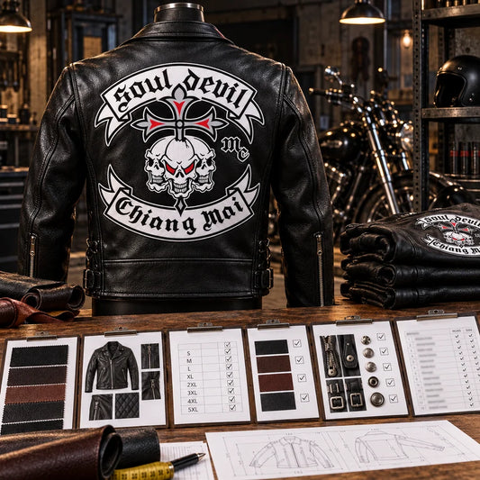 CONFIRM DETAILS stage for a custom motorcycle club leather jacket order.