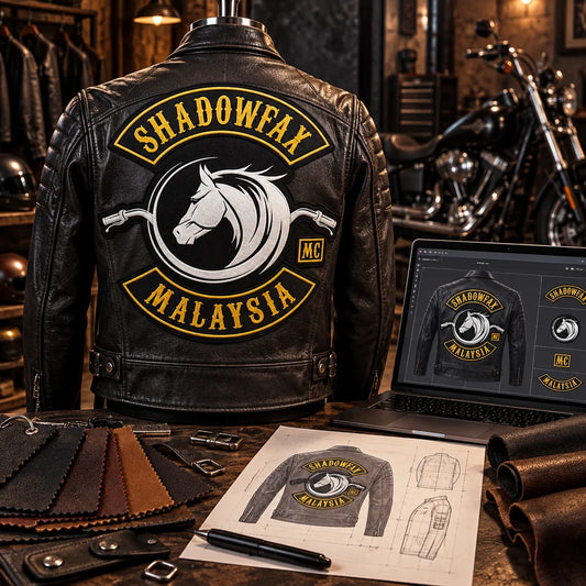 FREE DESIGN & MOCKUP stage for a custom motorcycle club leather jacket order.