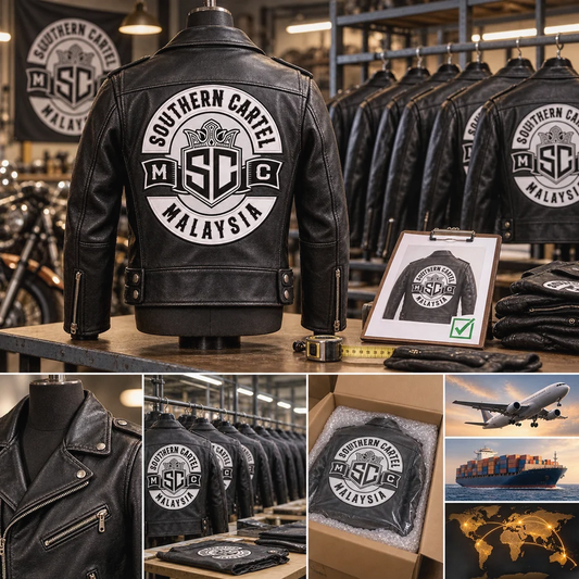 SAMPLE / PRODUCTION & WORLDWIDE SHIPPING stage for a custom motorcycle club leather jacket order.