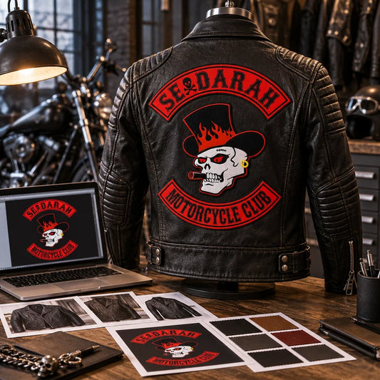 SEND YOUR CLUB LOGO stage for a custom motorcycle club leather jacket order.