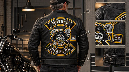 Patch-ready leather jacket back arranged around authorized motorcycle club Colors and rockers.