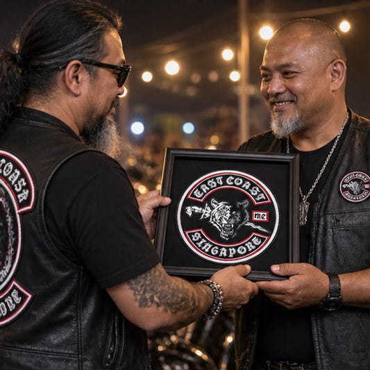 Custom club patches, rockers, pins and badges with an authorized motorcycle club logo created for a club anniversary