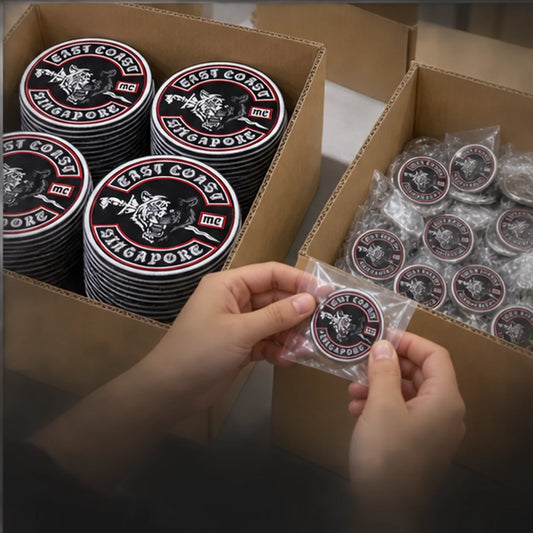 Custom club patches, rockers, pins and badges with an authorized motorcycle club logo finished and prepared for worldwide shipping