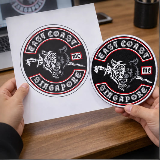 Custom club patches, rockers, pins and badges with an authorized motorcycle club logo shown while approved club artwork is submitted