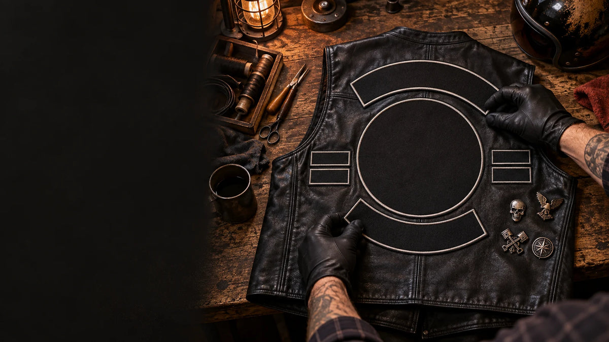 Custom motorcycle club patches and badges prepared beside a leather vest