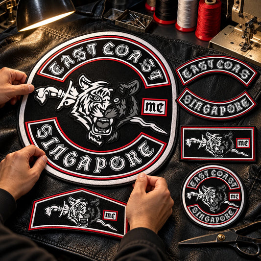 Custom motorcycle club back patches and rockers carrying an authorized club logo on an embroidery inspection table.