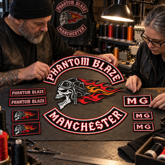 Motorcycle club back patches, rockers and name bars carrying an approved club logo on an embroidery inspection table.