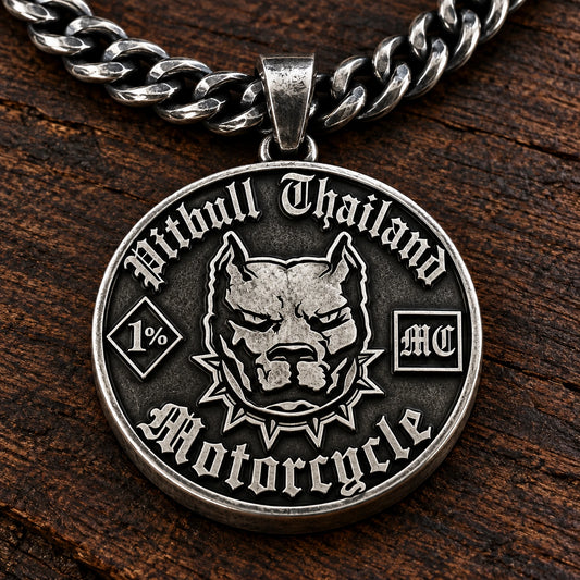Solid custom motorcycle club pendant with a dimensional authorized club emblem and heavy chain.