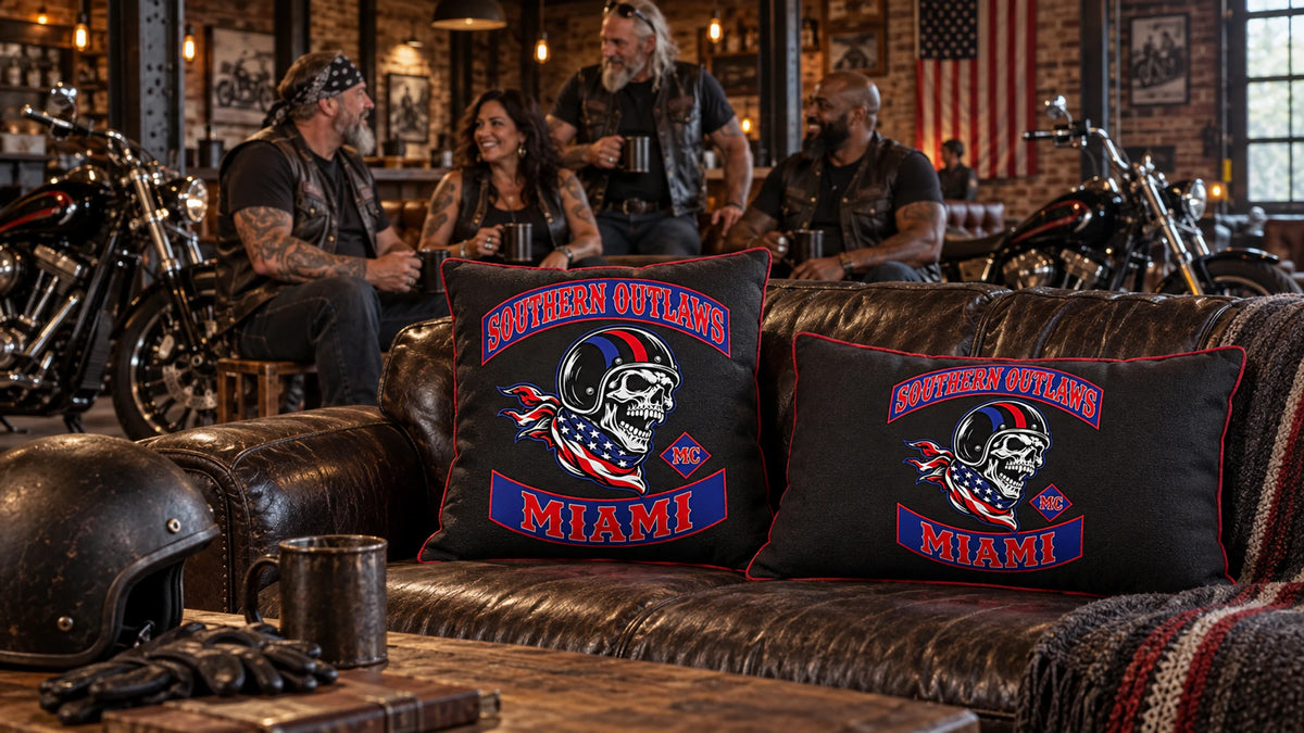 Custom motorcycle club pillows and cushions with a club logo displayed inside an American V-twin motorcycle clubhouse.