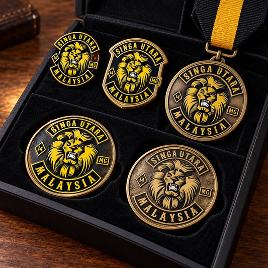 Custom motorcycle club pins, badges, coins and medals displaying an authorized club logo in a presentation case.