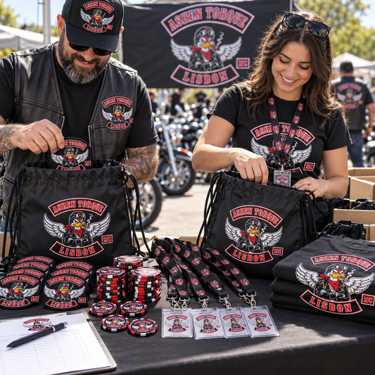 Motorcycle club rally and event gear carrying an approved club logo at an outdoor registration table.