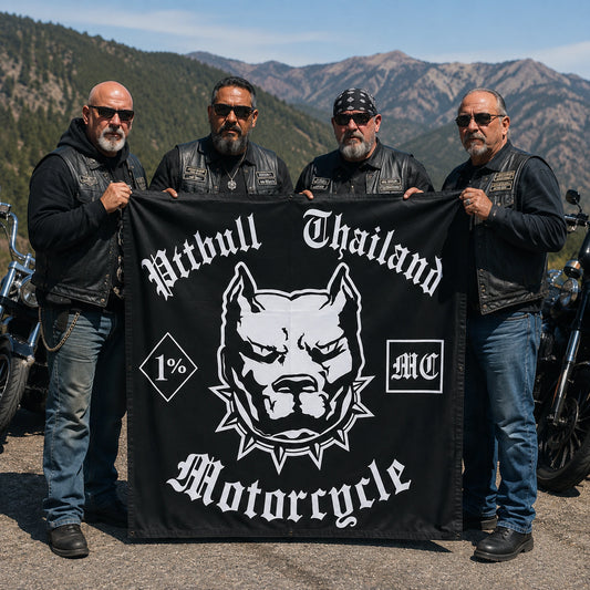 Veteran motorcycle club members hold their chapter flag together at a mountain turnout after a ride.