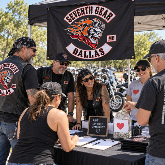 Motorcycle club riders and community volunteers gather beneath a custom flag at a charity ride registration tent.