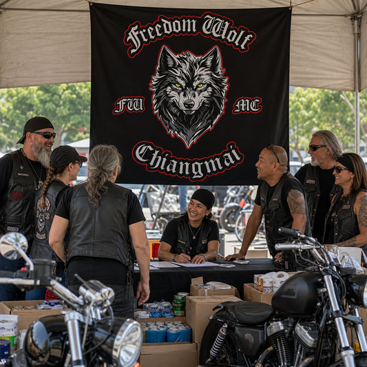 Motorcycle club riders and community volunteers gather beneath a custom flag at a charity ride registration tent.