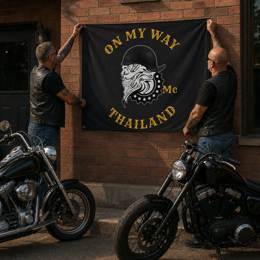 Two motorcycle club officers mount a custom chapter flag at a brick clubhouse entrance.